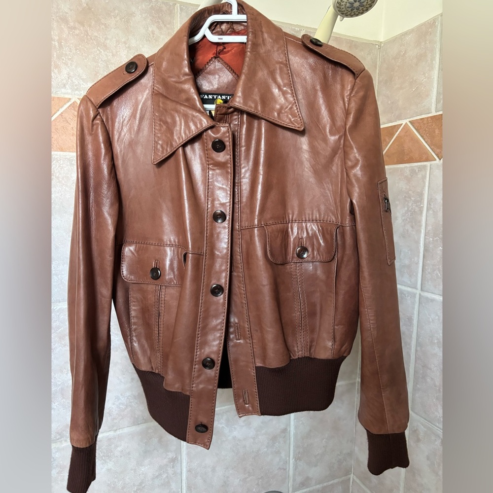 Vintage Brown Leather Bomber Jacket